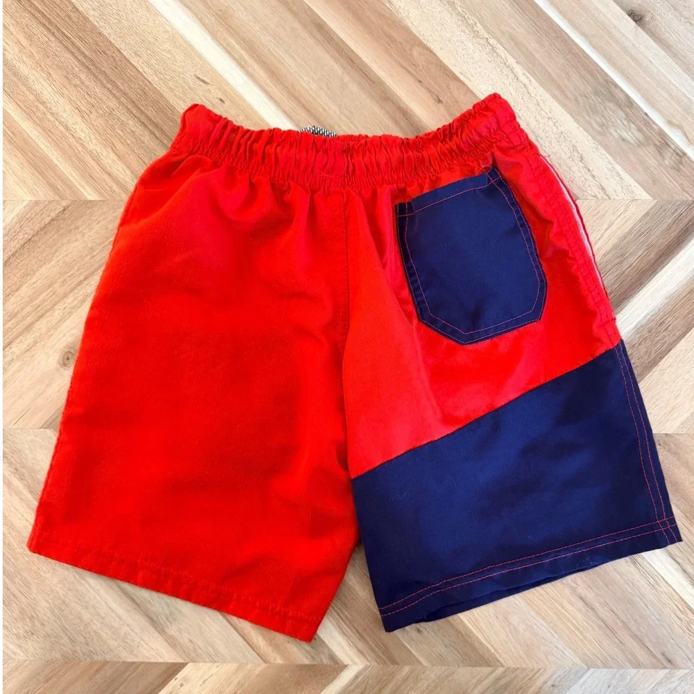 US‎ Polo Assn Boys 6-7 Red Blue Color Block Swim Trunks Shorts Pony Preppy Vacay